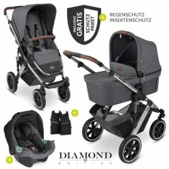 Budget 🤩 ABC Design 3in1 Kinderwagen-Set Salsa 4 Air - inkl. Babywanne, Autositz Tulip, Sportsitz und Zubehörpaket - Diamond Edition - Asphalt - Collection 2023 🛒