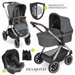 Brand new 👏 ABC Design 3in1 Kinderwagen-Set Samba - inkl. Babywanne, Autositz Tulip, Sportsitz und Zubehörpaket - Diamond Edition - Asphalt - Collection 2023 😉