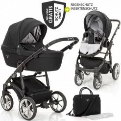 Best reviews of 🎉 Junama 2in 1 Kombi-Kinderwagen-Set Termo Line Tex inkl. Babywanne, Sportsitz,Wickeltasche & Regenschutz - Schwarz - Collection 2022 🔥