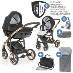 Best deal ❤️ Junama 2in1 Kombikinderwagen-Set Diamond Individual - Babywanne, Sportsitz, Wickeltasche, Fußsack & Handmuff - Schwarz Rosegold - Collection 2022 🧨
