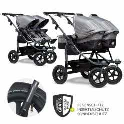 Discount 🔔 TFK Geschwister- & Zwillingskinderwagen Duo mit Luftreifen - 2x Kombi-Einheit (Wanne+Sitz) + XXL Zamboo Zubehör - Grau - Collection 2022 🌟