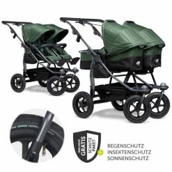 Best Sale 😉 TFK Geschwister- & Zwillingskinderwagen Duo mit Luftreifen - 2x Kombi-Einheit (Wanne + Sitz) + XXL Zamboo Zubehör - Olive - Collection 2022 😍